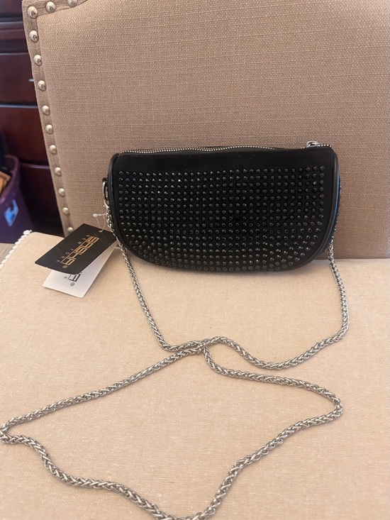 Handbags - Black Studded Crossbody Bag with Silver Chain